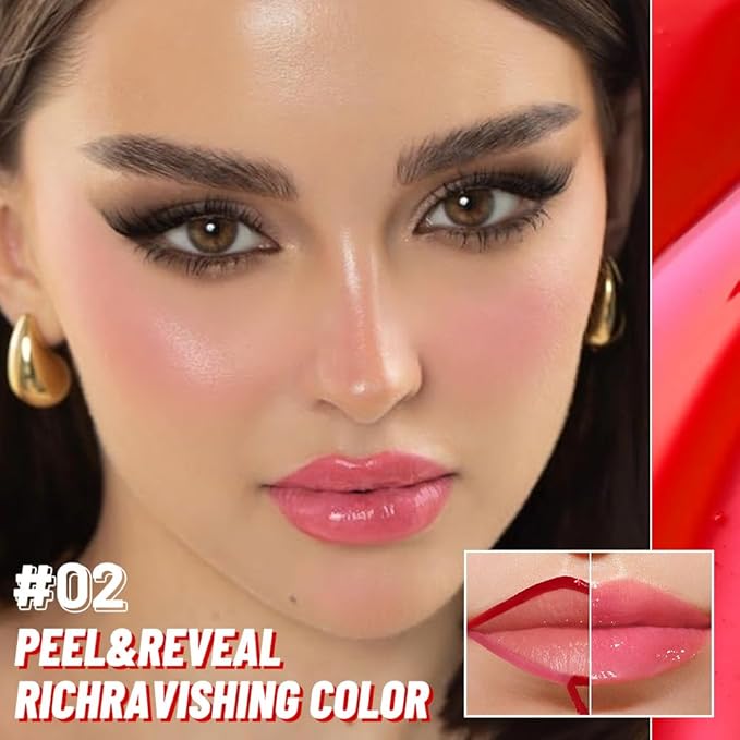 Dewy Rose Lip Stain Peel Off Lip Gloss oil Dual-Ended Combo, Lips Liner Stain Peel Off Tattoo, Long Lasting & Waterproof, Transfer-Proof Lip Tint Stain with Lip oil for All Skin Type 02#-Velvo Beauty
