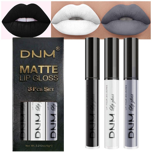 evpct 3Pcs Dark Black Grey Gray White Matte Liquid Lipstick Lip Stain Sets for Women Matte+Lipstick Long Lasting Permanent 24 hr Hours Magic Lipstick 24 Hours original Waterproof 16#-Velvo Beauty