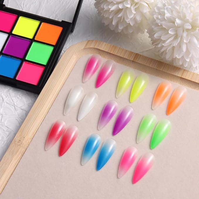Neon Phosphor Nail Pigment Powder Palette, 9 Colors Solid Pigment Powder for Nails, Fluorescent Glitter Aura Nails Rubbing Dust with Ombre Nail Brush & Sponge Sticks Manicure Art DIY Accessories-Velvo Beauty