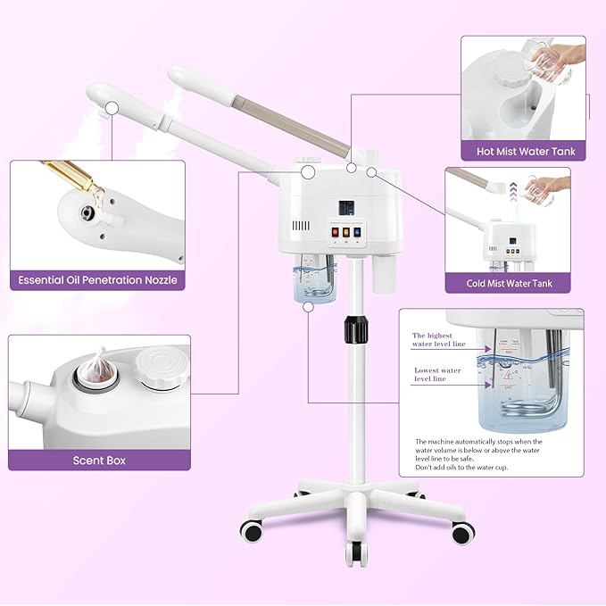 Professional Facial Steamer, 2 in 1 Facial Steamer on Wheels for Cold Mist & Hot Mist & Timer Function, Stand Face Steamer Adjustable Height for Spa, Salon and at Home use-Velvo Beauty