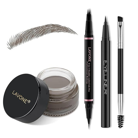 Eyebrow Pencil Makeup Kit, with Waterproof 2-IN-1 Microblading Eyebrow Pen, Eyebrow Pomade, Eyeliner and Dual-ended Eyebrow Brush, Brow Pencil Kit for Natural Eyebrows - Grey-Velvo Beauty