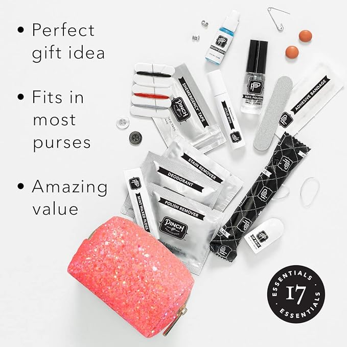 Pinch Provisions Coral Glitter Minimergency Kit, includes 17 Travel-Sized Cosmetic Essentials, Convenient for Purses, Emergency Beauty Accessories, Gifts for Holiday’s & Birthday’s-Velvo Beauty