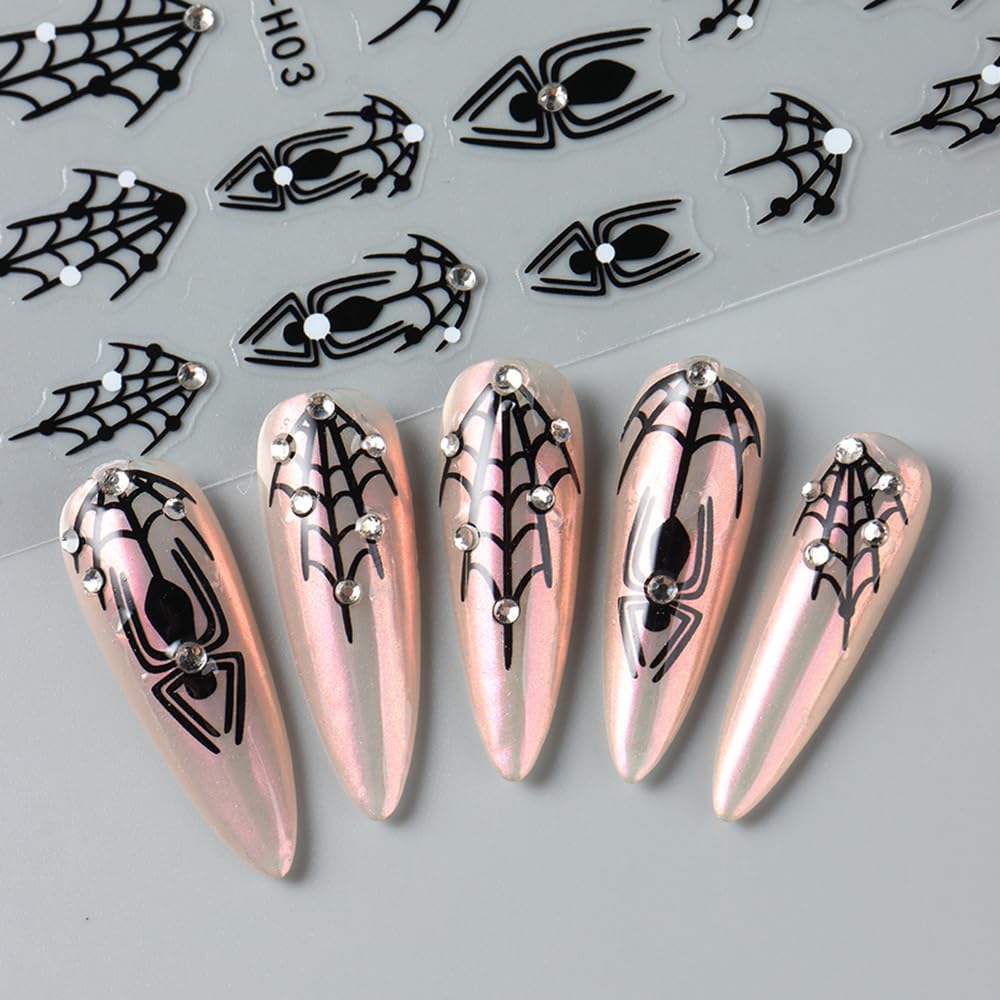 3 Sheets Halloween Nail Art Stickers Black Spider Nail Stickers for Nail Art 3D Self-Adhesive Black Spider Web with Diamond Design Halloween Nail Charms Goth Decorations for Women DIY-Velvo Beauty