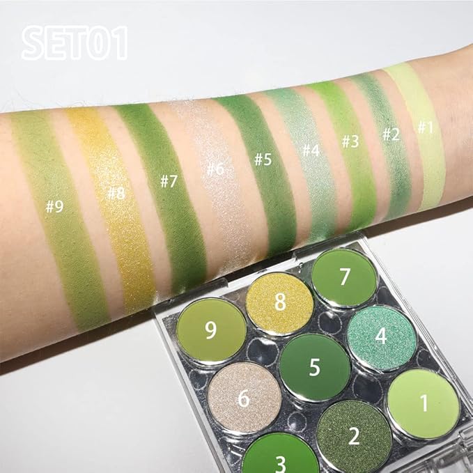 9 Colors Shimmer Matte Green Eyeshadow Palette. Highly Pigmented Light Green Eyeshadow Dark Green Eye shadow Paleta.Blendability Shiny Matte Green Makeup Powder Palet.paleta de sombras de ojos verdes-Velvo Beauty
