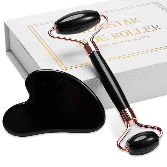 Jade Roller for Face, Facial Roller Massager Skin Care Tool, Gua Sha Facial Tools for Face, Neck, Eyes, Reduce Puffiness of The Skin (Black)-Velvo Beauty
