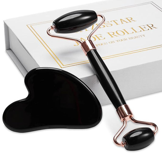 Jade Roller for Face, Facial Roller Massager Skin Care Tool, Gua Sha Facial Tools for Face, Neck, Eyes, Reduce Puffiness of The Skin (Black)-Velvo Beauty
