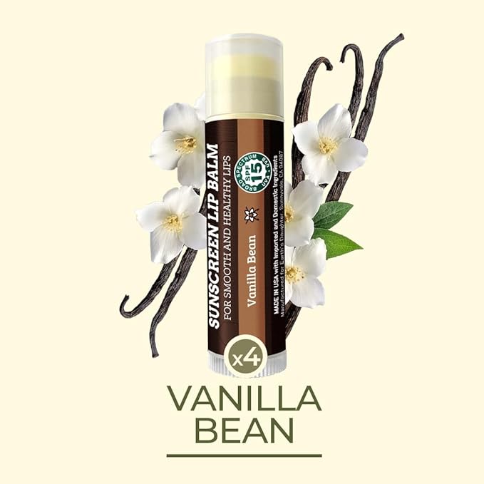 SPF Lip Balm 4-Pack by Earth's Daughter - Lip Sunscreen, SPF 15, Organic Ingredients, Vanilla Flavor, Beeswax, Coconut Oil, Vitamin E - Hypoallergenic, Paraben Free, Gluten Free-Velvo Beauty