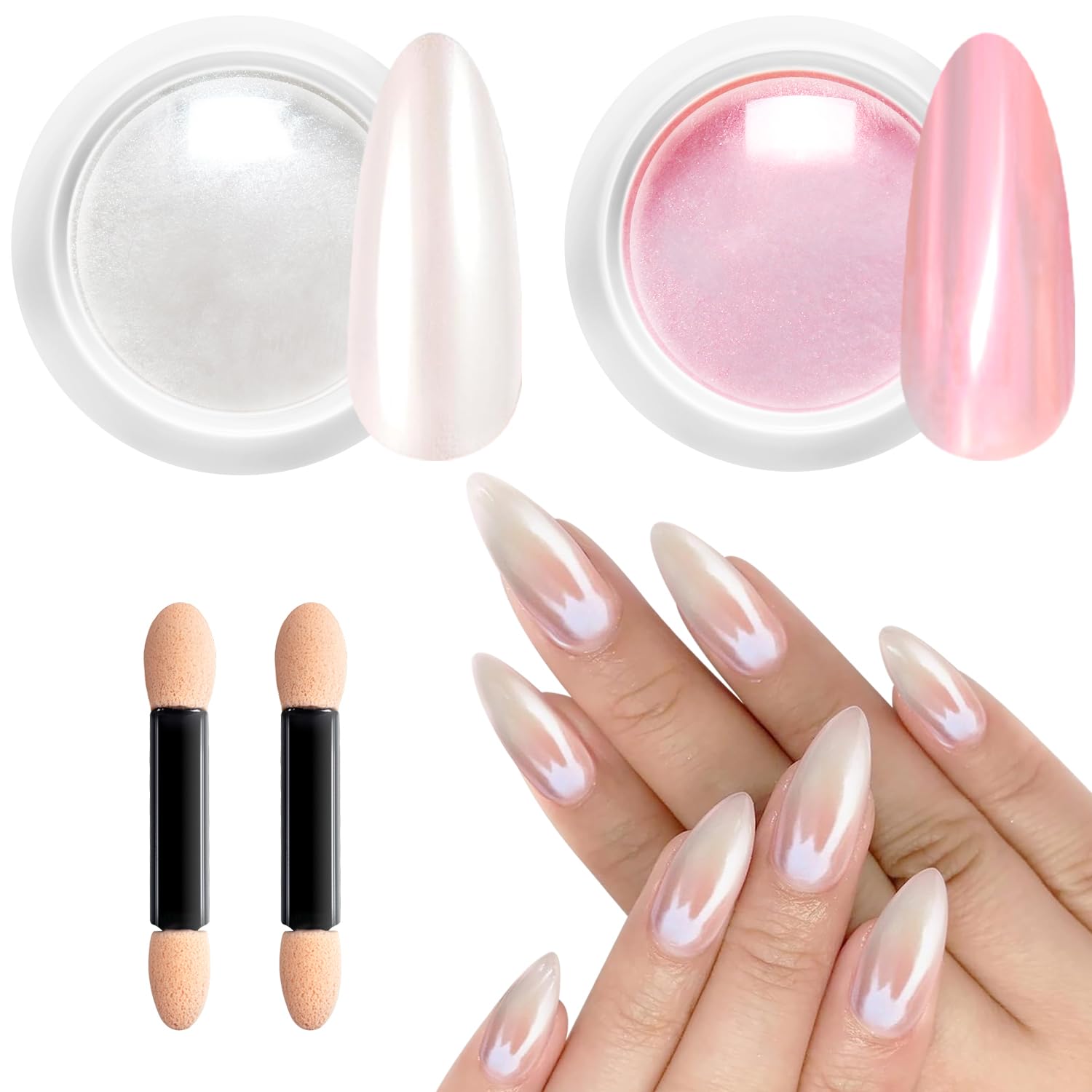 Pearl Chrome Nail Powder BISHENGYF -【Fairy Effect】 Pink Chrome Nail Powder White Pearlesent Aurora Mermaid Iridescent Nail Chrome Powder, Metallic Mirror Glitter Pigment Dust for Nail Art DIY 2PCS-Velvo Beauty