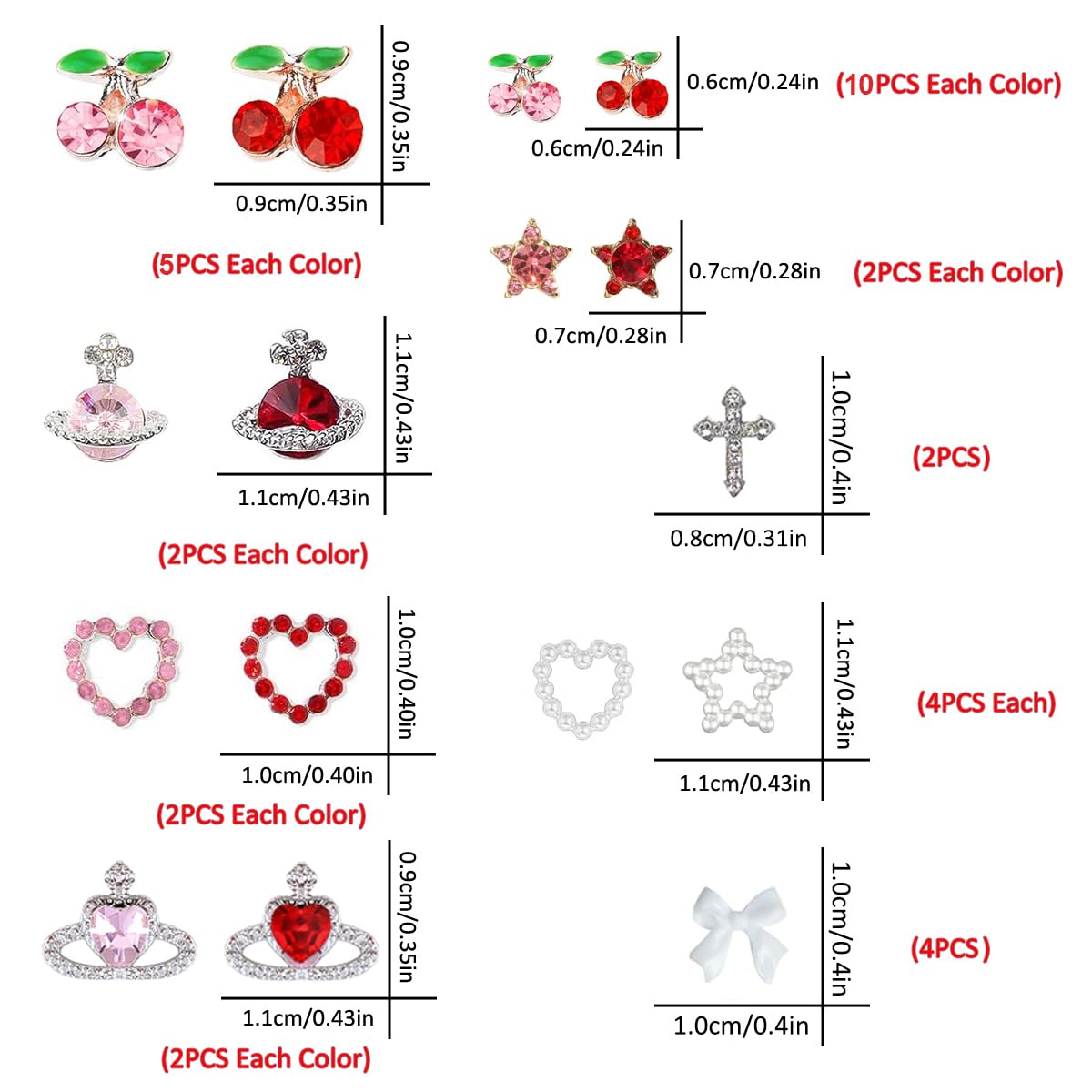 60Pcs Nail Charms Rhinestone Red Pink Cherry Nail Art Gems Star Heart Planet Nail Jewelry Decorations Saturn Shape Acrylic Nail Accessories for Women Girl DIY Crafts Supplies-Velvo Beauty