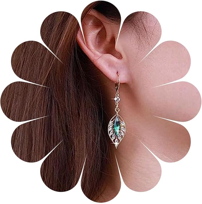 Vintage Crystal Emerald Leaf Dangle Earrings Green Rhinestone Leaf Drop Earrings Green Cz Leaf Earrings Crystal Leaf Hoop Earrings Jewelry for Women-Velvo Beauty