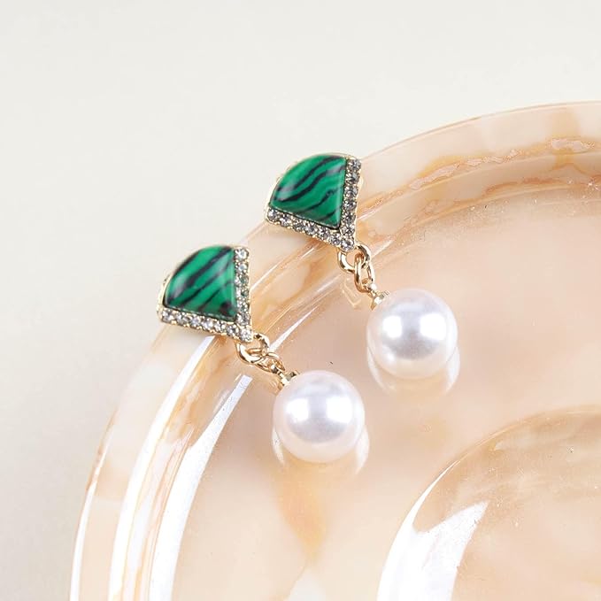 Vintage Cz Emerald Pearl Earrings Gold Pearl Drop Earrings Triangle Emerald Earrings Geometric Emerald Stud Earrings Jewelry for Women and Girls-Velvo Beauty