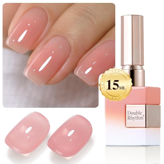 Double Rhythm Translucent Gel Polish Sheer Neutral Natural Light Milky Same Color Same Bottle 15ML Jelly Nail Polish Nail Art DIY at Home (Pink Clear-A1323)-Velvo Beauty