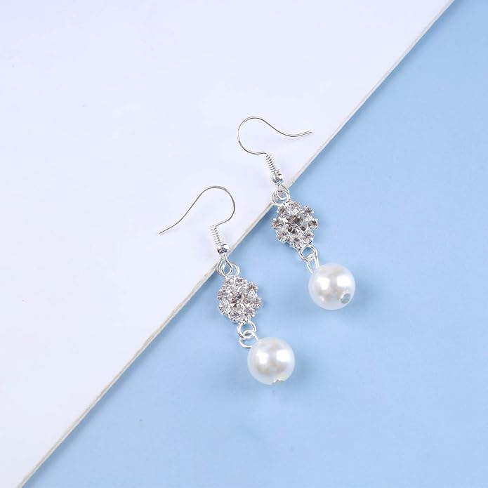 Vintage Rhinestone Pearl Drop Earrings Crystal Flower Dangle Earrings Silver Pearl Earring Cz Flower Hook Earrings Jewelry for Women-Velvo Beauty