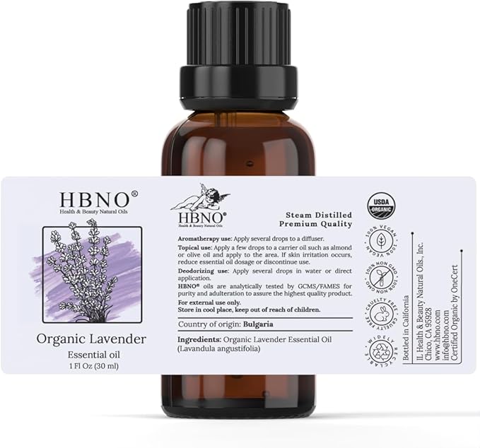 HBNO California Bottled Organic Lavender Essential Oil 1 fl oz (30ml) - USDA Certified Organic Lavender Oil for Skin, Perfect for Cleaning, Aromatherapy, DIY & Diffuser-Velvo Beauty