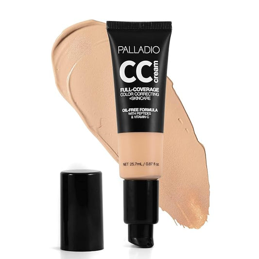 Palladio Full-Coverage Color Correction CC Cream, Oil-Free with Peptides & Vitamin C, Best for Correcting Redness and Uneven Skin Tone, Buildable Foundation Coverage (Light 21C)-Velvo Beauty
