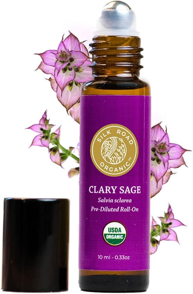Silk Road Organic Clary Sage Essential Oil Roll On, 100% Pure USDA Certified Aromatherapy for PMS, Stress & Mental Clarity - 10 ml Roller - Always Pure, Always Organic-Velvo Beauty