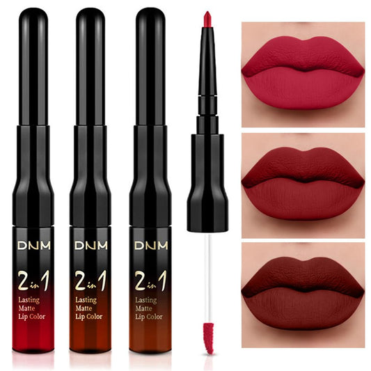evpct 3Pcs Dark Ruby Brown Rose red Lip Stain Paint Matte Lip Liner and Lipstick Set Long Lasting labiales matte mate larga duracion listip 24 hours a prueba de agua mate 24 horas originales-Velvo Beauty