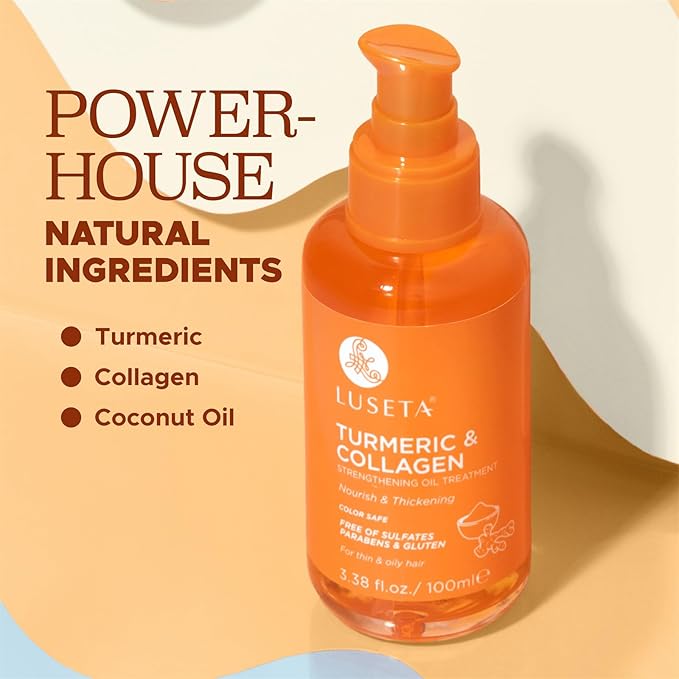 Luseta Turmeric & Collagen Hair Serum for Damaged and Thining Hair, Strengthening Oil Treatment Preventing breakage for Women and Men Adding Shine 3.38oz-Velvo Beauty