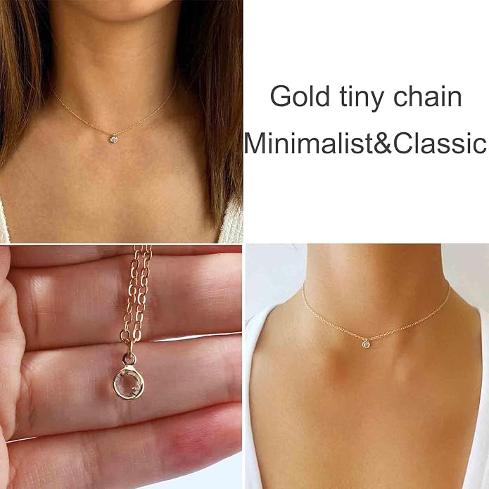Boho Tiny Crystal Choker Gold Clear Quartz Pendant Necklace Minimal Dot CZ Choker Necklace Simple Everyday Necklace Wedding Necklace Jewelry for Women and Girls Gifts-Velvo Beauty