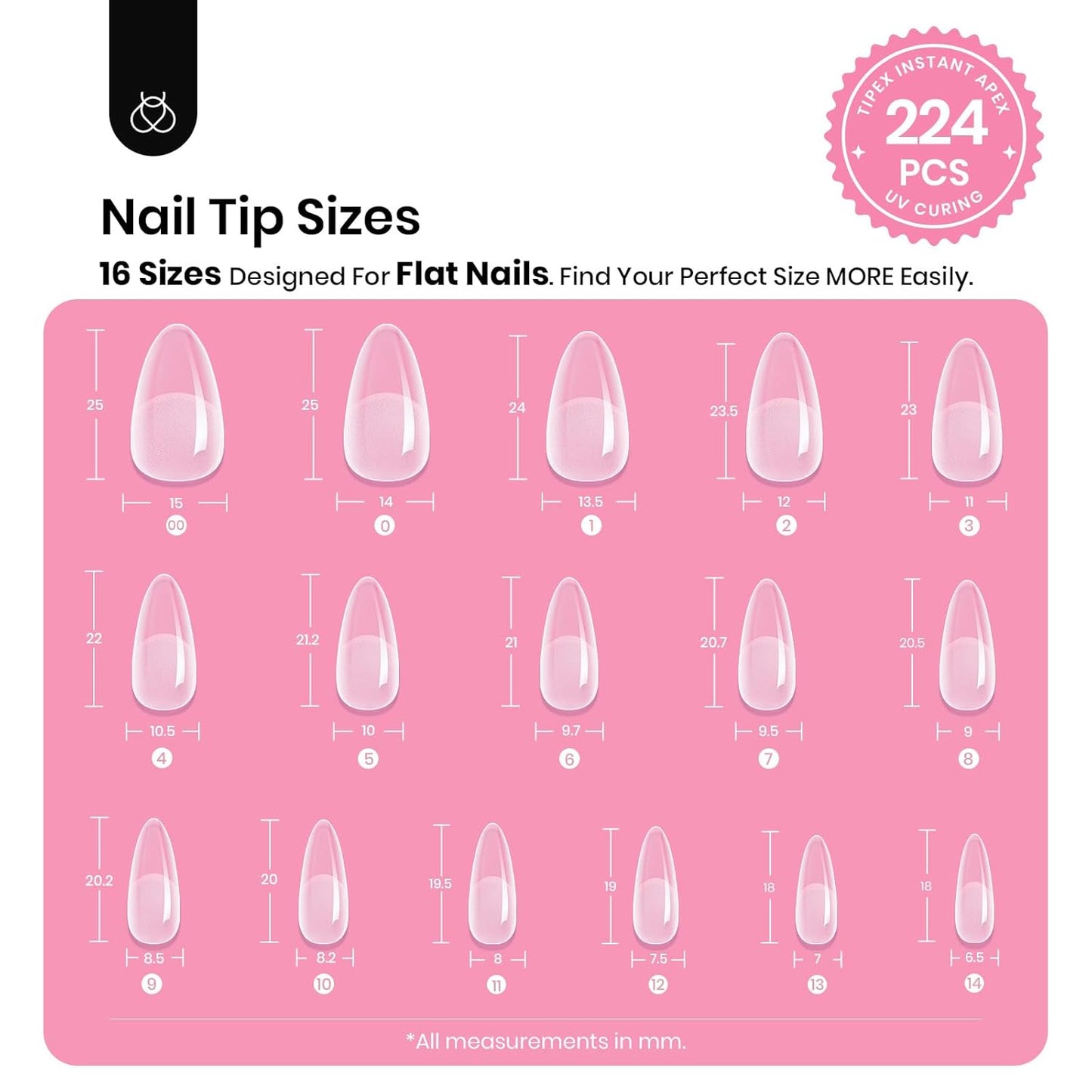 Beetles Tipex Gel Nail Kit, Medium Almond Nail Tips 224 Pcs 16 Sizes Pre-Building Pre-Etched False Nail Tips with Tipex Nail Glue, Mini Nail Lamp Thick Acrylic Nail Set Halloween Nails-Velvo Beauty