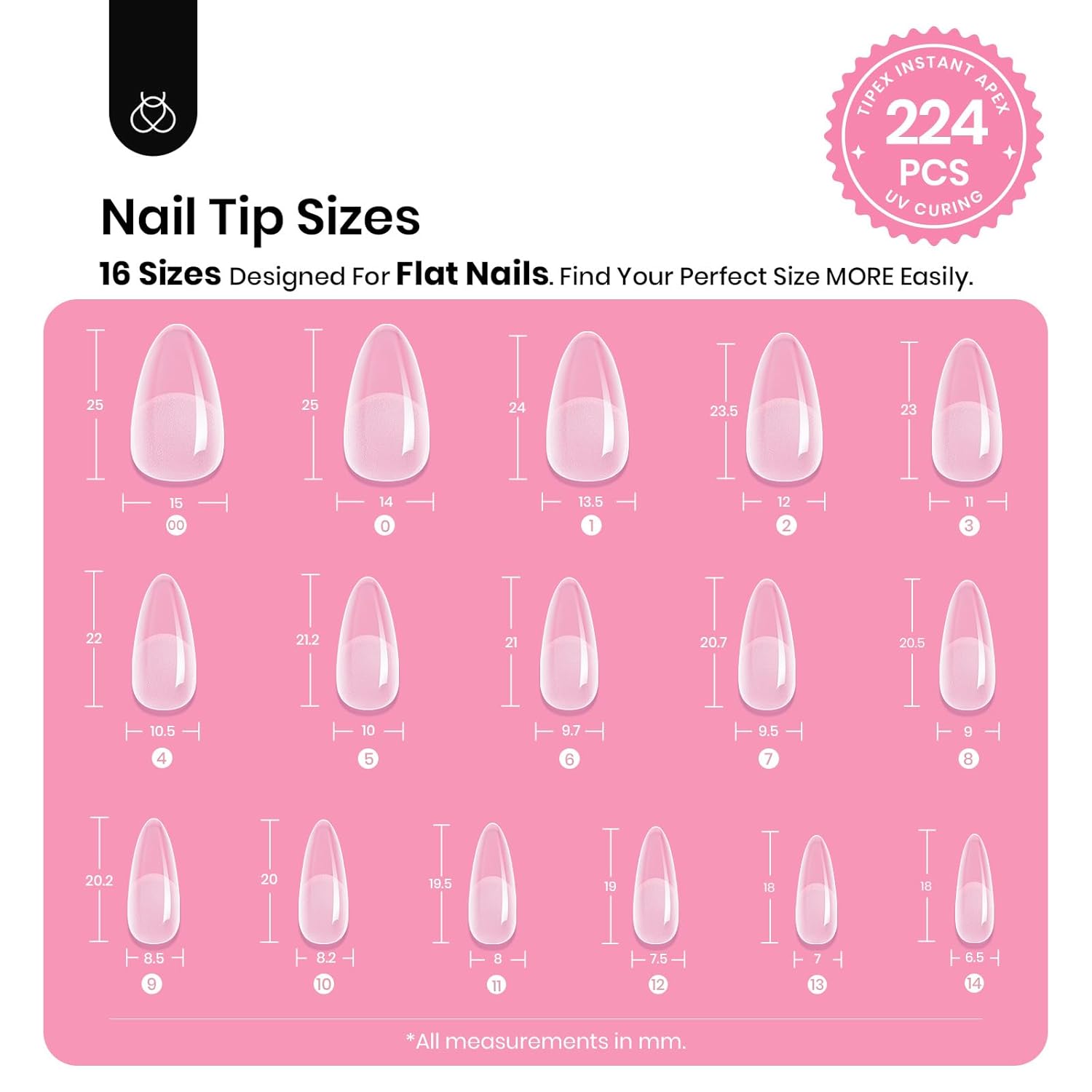 Beetles Tipex Gel Nail Kit, Medium Almond Nail Tips 224 Pcs 16 Sizes Pre-Building Pre-Etched False Nail Tips with Tipex Nail Glue, Mini Nail Lamp Thick Acrylic Nail Set Halloween Nails-Velvo Beauty