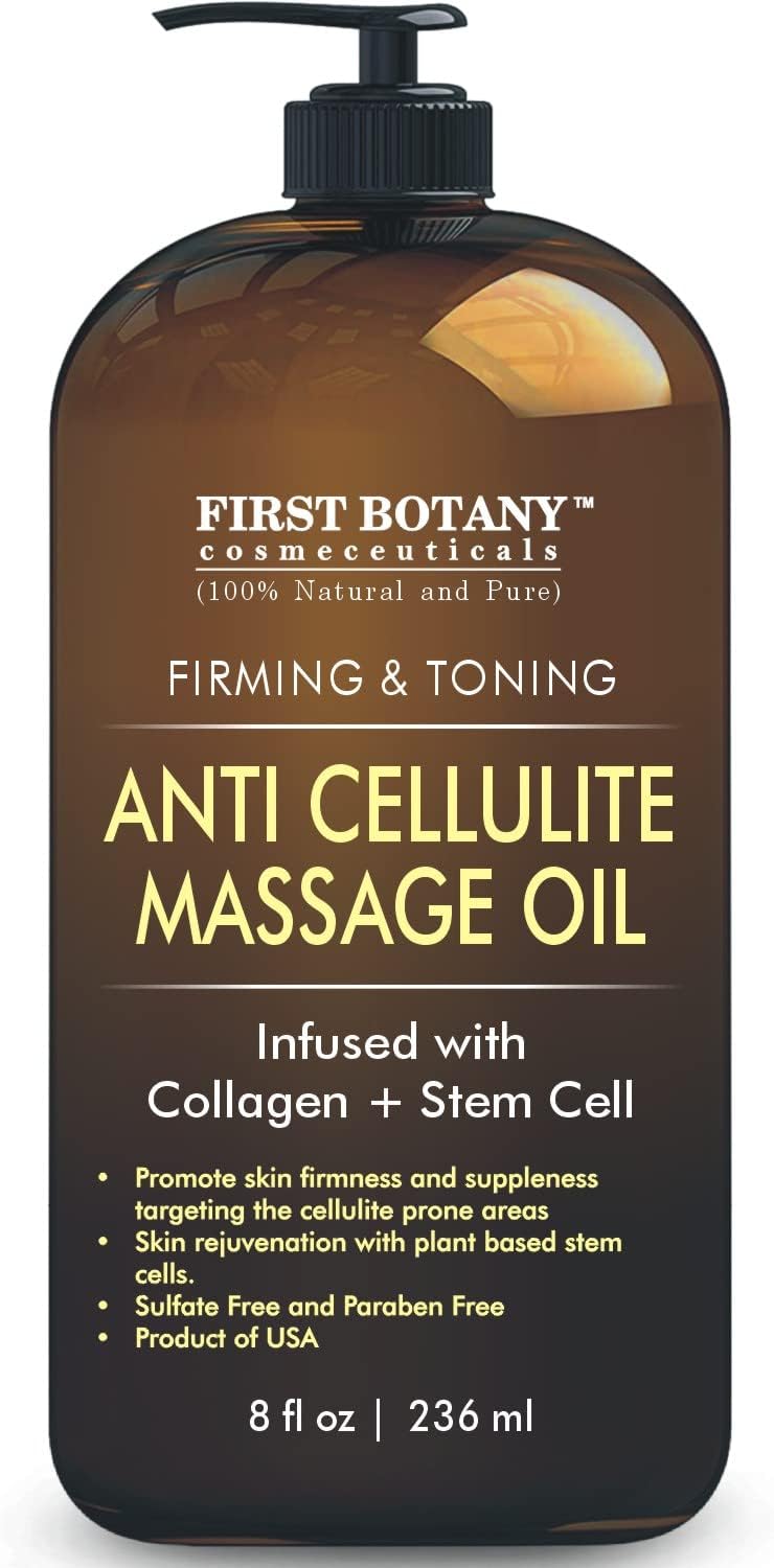 First Botany, Anti-Cellulite Massage Oil Infused with Collagen & Stem Cells - Natural Cellulite & Stretch Mark Treatment for Men & Women - 8 oz-Velvo Beauty