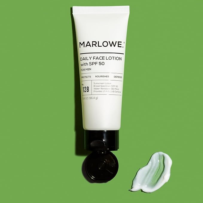 MARLOWE. No. 128 Men's Facial Lotion with Sunscreen SPF 50, 3.4 oz, Oil-Free, Lightweight Daily Face Moisturizer for Men, Includes Natural Extracts to Hydrate, Nourish & Soothe-Velvo Beauty