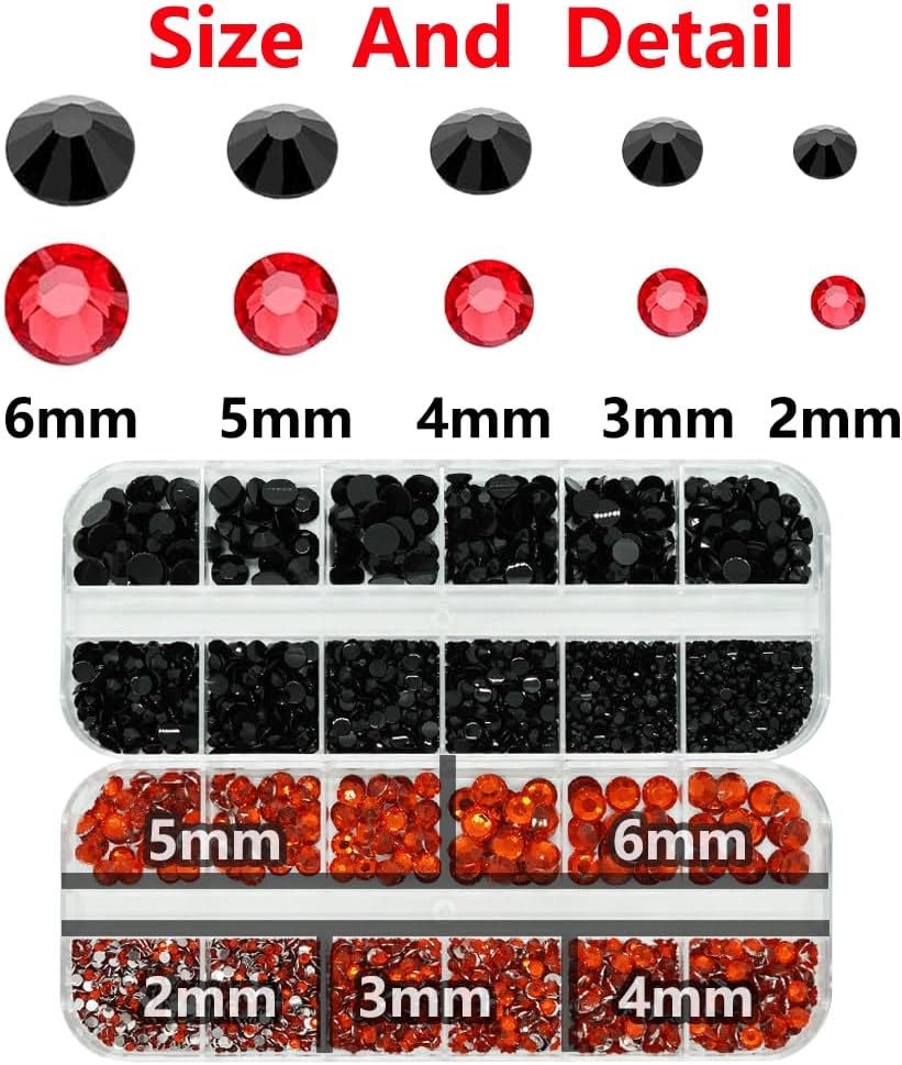 Black and Red Rhinestones with Glue(S8-S30) for Bedazzling,2mm-6mm Non-Hotfix Flatback Nail Gems Beads with B7000, Resin Nail GemsStones Diamond Kit for Bedazzle Crafting, Nails DIY Art Decoration-Velvo Beauty