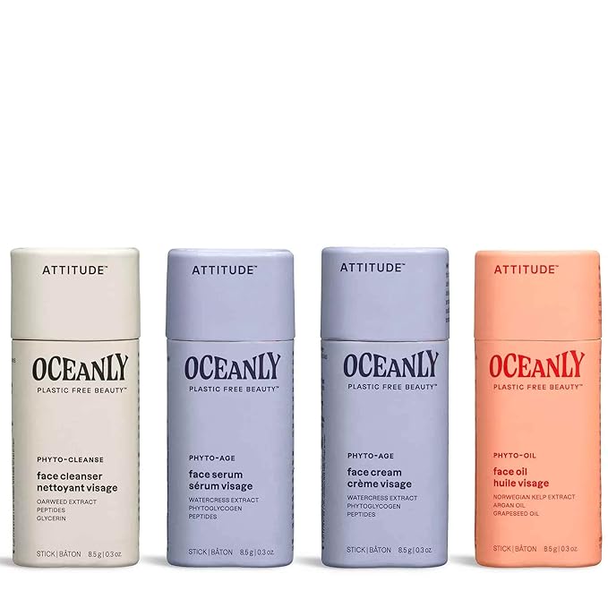 ATTITUDE Oceanly Aging Skin Daily Facial Care Routine Box Set, EWG Verified, Plastic-free, Plant and Mineral-Based Ingredients, Vegan and Cruelty-free, PHYTO AGE, Set of 4 Travel Size Bars-Velvo Beauty