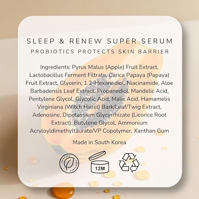Emani Sleep and Renew Face Serum With Anti Aging and Wrinkle Reducing Properties, Hydrating Serum Contains Fermented Probiotics for Dull and Aging Skin for Women, 1.18 fl oz-Velvo Beauty
