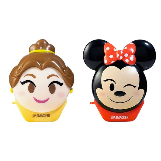 Lip Smacker Disney Minnie Mouse and Beauty And The Beast Belle Emoji Lip Balm Duo, Flavored Strawberry Lemonade, Bow-nade, 2 Pack-Velvo Beauty