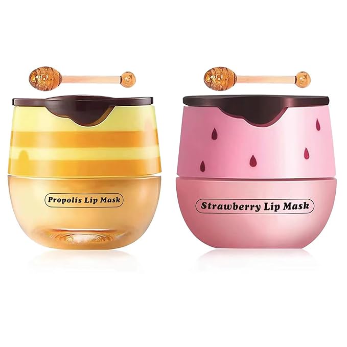 2 Pcs Strawberry & Honey Lip Balm, Lip Mask with Stick, Moisturizing Lip Sleeping Mask Day & Night Lip Care - Hydrate Repair Prevent Dry Cracked Exfoliate (Honey+Strawberry)-Velvo Beauty