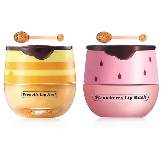 2 Pcs Strawberry & Honey Lip Balm, Lip Mask with Stick, Moisturizing Lip Sleeping Mask Day & Night Lip Care - Hydrate Repair Prevent Dry Cracked Exfoliate (Honey+Strawberry)-Velvo Beauty