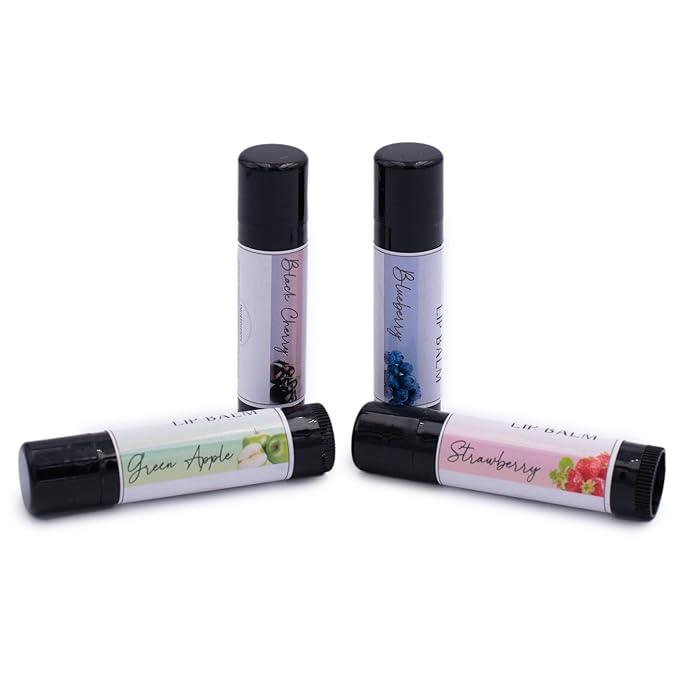 Lip Balm Sweet Fruits 4-Pack, Strawberry Blueberry Black Cherry Green Apple, Natural Beeswax, Moisturizing Lip Treatment, 4 Tubes, 0.15 oz., White-Velvo Beauty