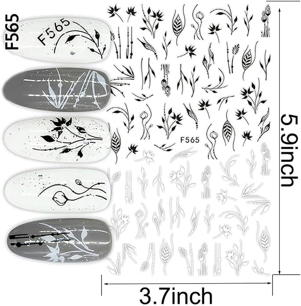 10 Sheets Black White Leaves Flower Nail Art Stickers 3D Self-Adhesive Retro Floral Vine Pattern Nail Decals Tropical Plants Mandala Leaf Geometry Transfer Decals Nail Art Decorations for Women Girls-Velvo Beauty