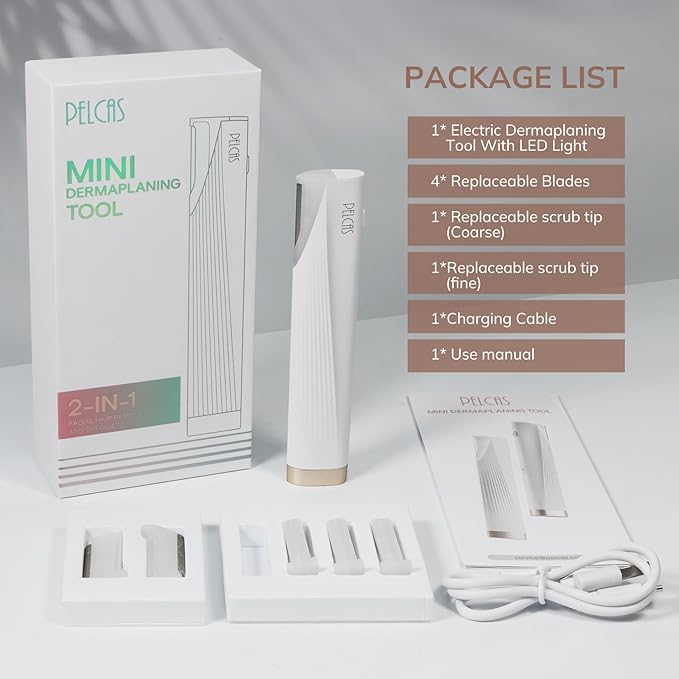 PELCAS Electric Dermaplaning Tool for Face with LED Light, Mini Facial Dermaplaning Razor Kit, Painless 3 Speeds Facial Peach Fuzz & Hair Removal At Home for Women with 6 Blades Off White-Velvo Beauty