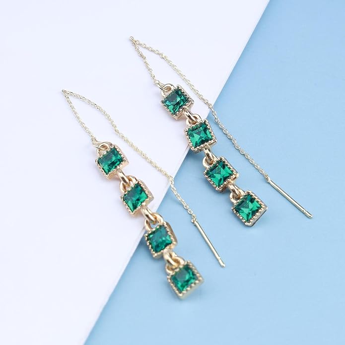 Vintage Crystal Emerald Threader Earrings Emerald Square Stud Earrings Long Chain Tassel Dangle Earrings Gold Bar Pull Through Earrings Jewelry for Women-Velvo Beauty
