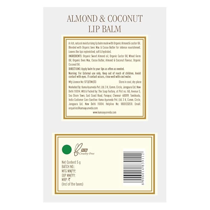 Kama Ayurveda Almond and Coconut Lip Balm, 5g-Velvo Beauty