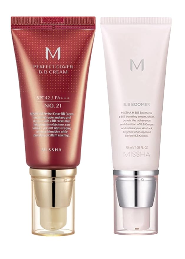 MISSHA M PERFECT COVER BB CREAM No.21 Light Beige for Bright Skin/SPF 42 PA+++ 1.69 oz & M BB Boomer 40ml -Lightweight, Multi-Function, High Coverage-Velvo Beauty