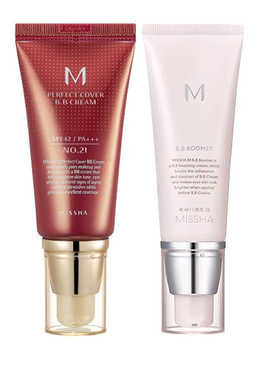 MISSHA M PERFECT COVER BB CREAM No.21 Light Beige for Bright Skin/SPF 42 PA+++ 1.69 oz & M BB Boomer 40ml -Lightweight, Multi-Function, High Coverage-Velvo Beauty