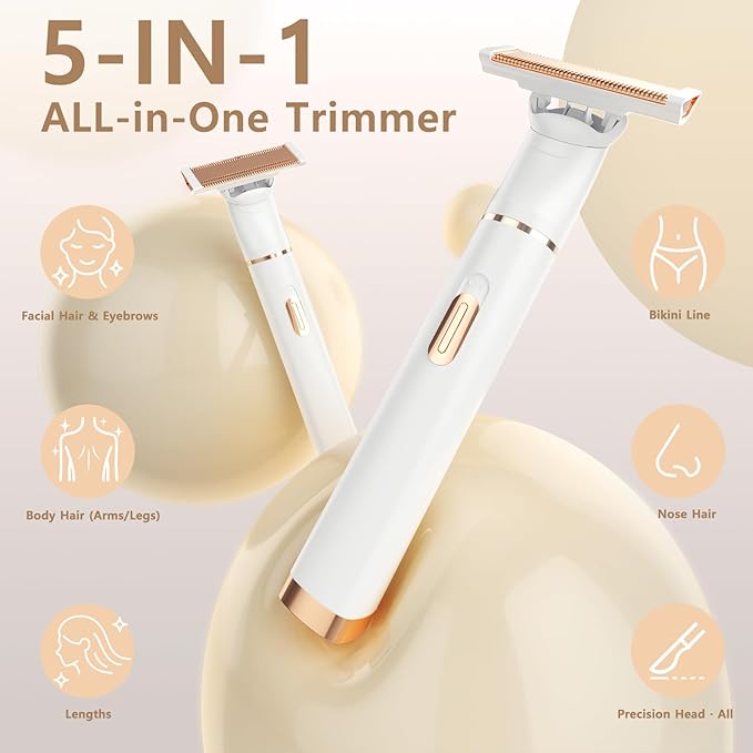 Women's 5-in-1 Electric Bikini Trimmer, USB-C Rechargeable Shaver & Trimmer for Body, Face & Nose – Painless Wet & Dry Shave (Keep Device Dry; Remove Blades for Cleaning)-Velvo Beauty
