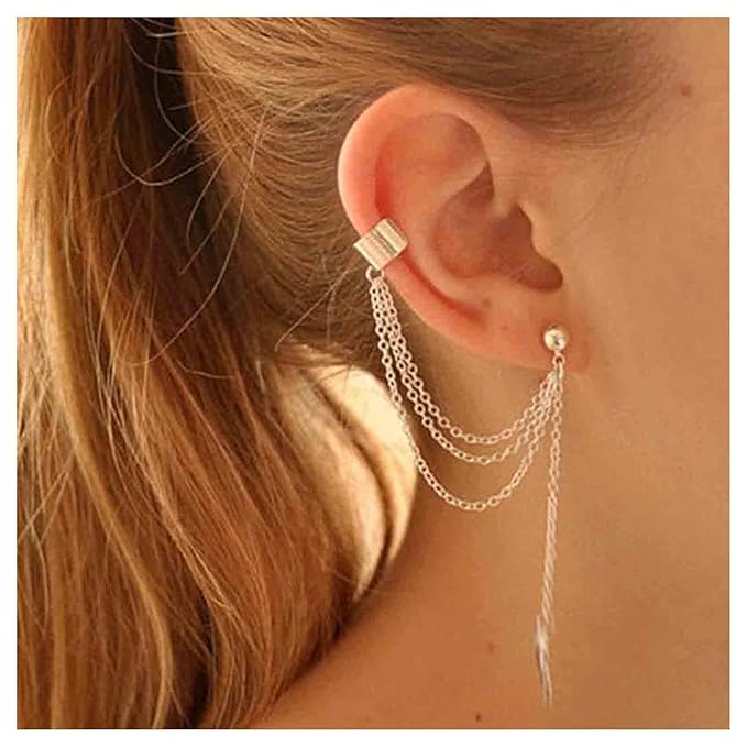 Boho Leaf Cuff Chain Earrings Silver Dangle Chain Earrings Cartilage Helix Earrings Cuff Helix to Lobe Chain Earrings Jewelry for Women and Girls-Velvo Beauty