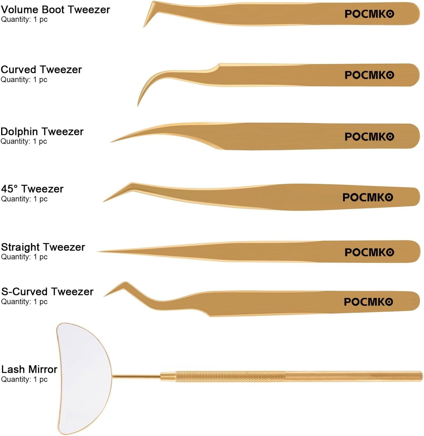 Lash Tweezers for Eyelash Extensions, Professional Eyelash Tweezer Set, Lash Extension Tweezer Kit (Set of 7, Gold)-Velvo Beauty