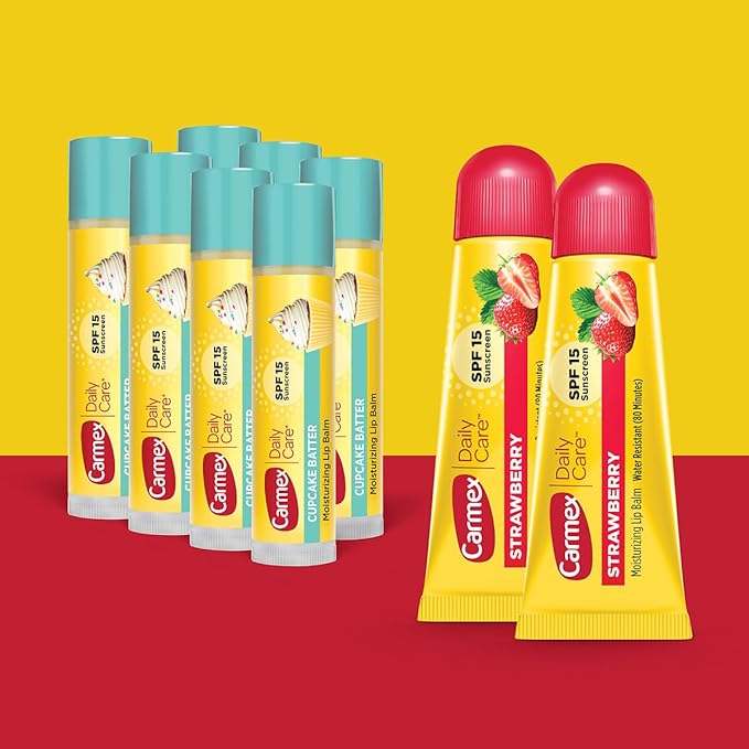 Carmex Daily Care Moisturizing Lip Balm Pack, SPF 15, Strawberry & Cupcake Batter Flavor Variety Pack Bag, 9 Count (7 Sticks, 2 Tubes)-Velvo Beauty