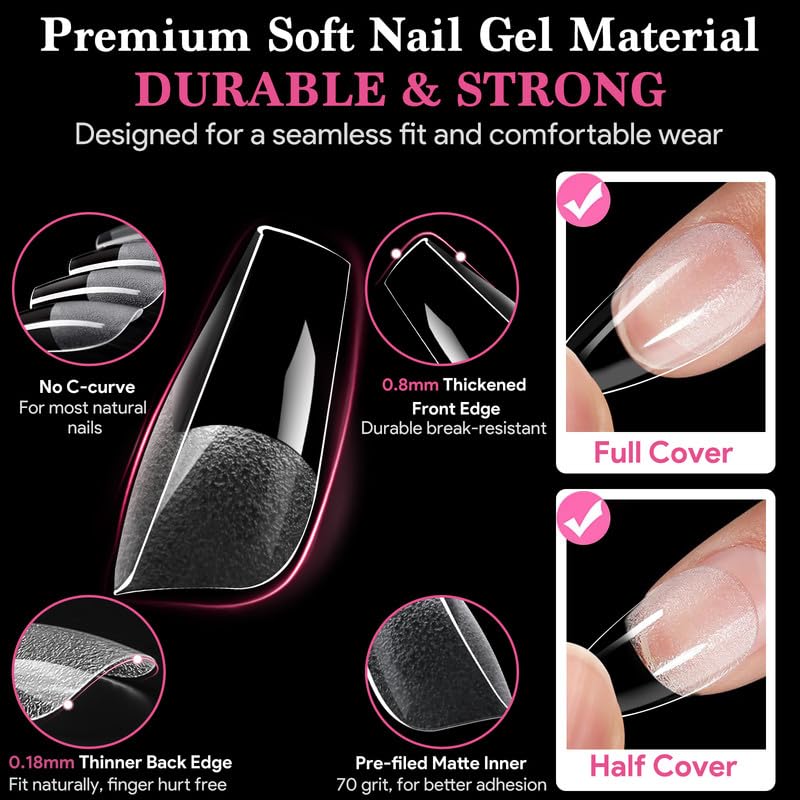 Medium Coffin False Nail Tips, 15 Sizes 510 PCS Clear Soft Press On Fake Nail Pre-shaped Half Matte Full Cover Gel Nail Tip Extensions Strong Thick Long Lasting for DIY Beginners & Salon Manicure-Velvo Beauty