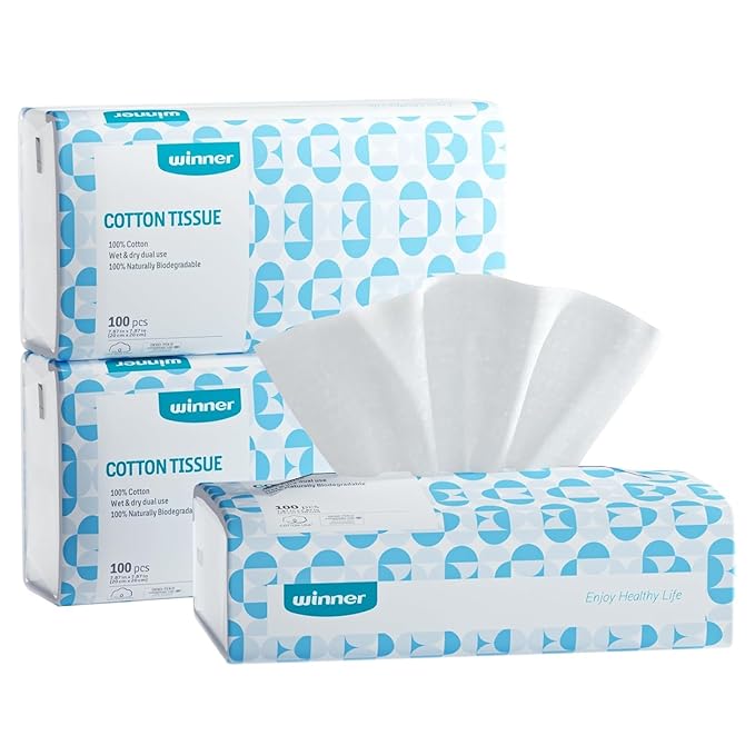 Winner Softer Face Towels - 100% USA Cotton Dry Wipes, 300 Count Unscented Cotton Tissues for Sensitive Skin, OEKO-TEX Certified Face Towelettes Disposable, Makeup Remover Facial Towels, 3 Pack-Velvo Beauty