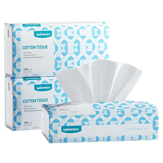 Winner Softer Face Towels - 100% USA Cotton Dry Wipes, 300 Count Unscented Cotton Tissues for Sensitive Skin, OEKO-TEX Certified Face Towelettes Disposable, Makeup Remover Facial Towels, 3 Pack-Velvo Beauty