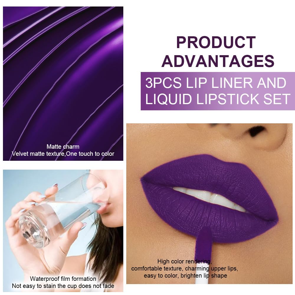 evpct 3Pcs Lavender Dark Violet Purple Matte Lip Liner & Liquid Lipstick Stain Makeup Set for Women, Lip Liner Stain Long Lasting Waterproof Smudge Proof, Cruelty Free Lip Makeup 24 hours originales-Velvo Beauty