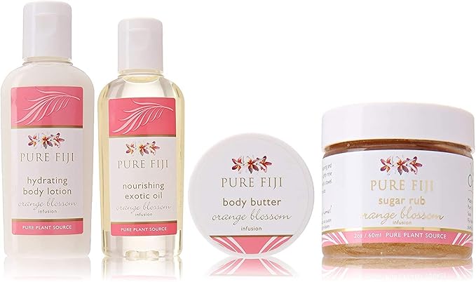 Pure Fiji Spa Gifts for Women and Man - Body Gift Box Include: Sugar Scrub, Bath and Body Oil, Body Butter and Body Lotion, Scent Orange Blossom-Velvo Beauty