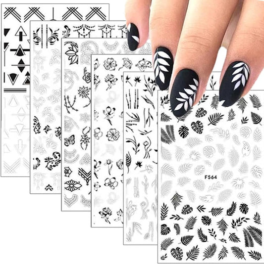10 Sheets Black White Leaves Flower Nail Art Stickers 3D Self-Adhesive Retro Floral Vine Pattern Nail Decals Tropical Plants Mandala Leaf Geometry Transfer Decals Nail Art Decorations for Women Girls-Velvo Beauty